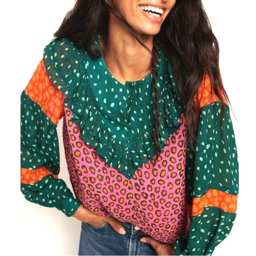 Farm Rio Colorful Patchwork Leopard Print Ruffle Top, Size XS